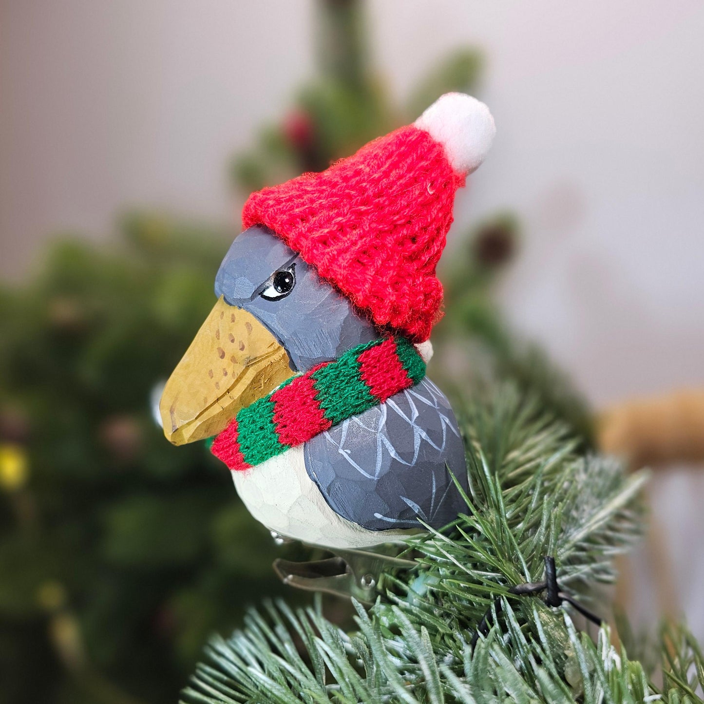 Shoebill Wooden Clip-On Christmas Tree Ornaments – Includes Mini Hat, Scarf & Gift Box