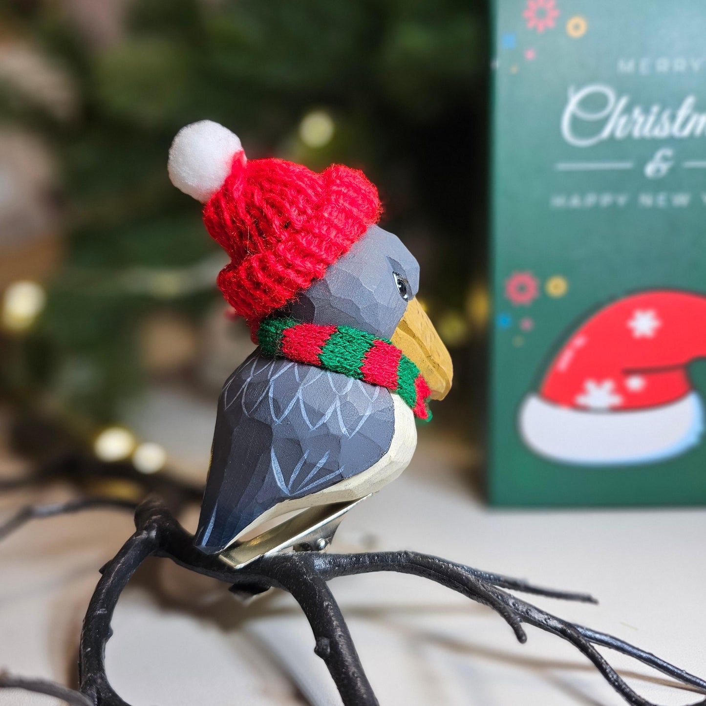 Shoebill Wooden Clip-On Christmas Tree Ornaments – Includes Mini Hat, Scarf & Gift Box