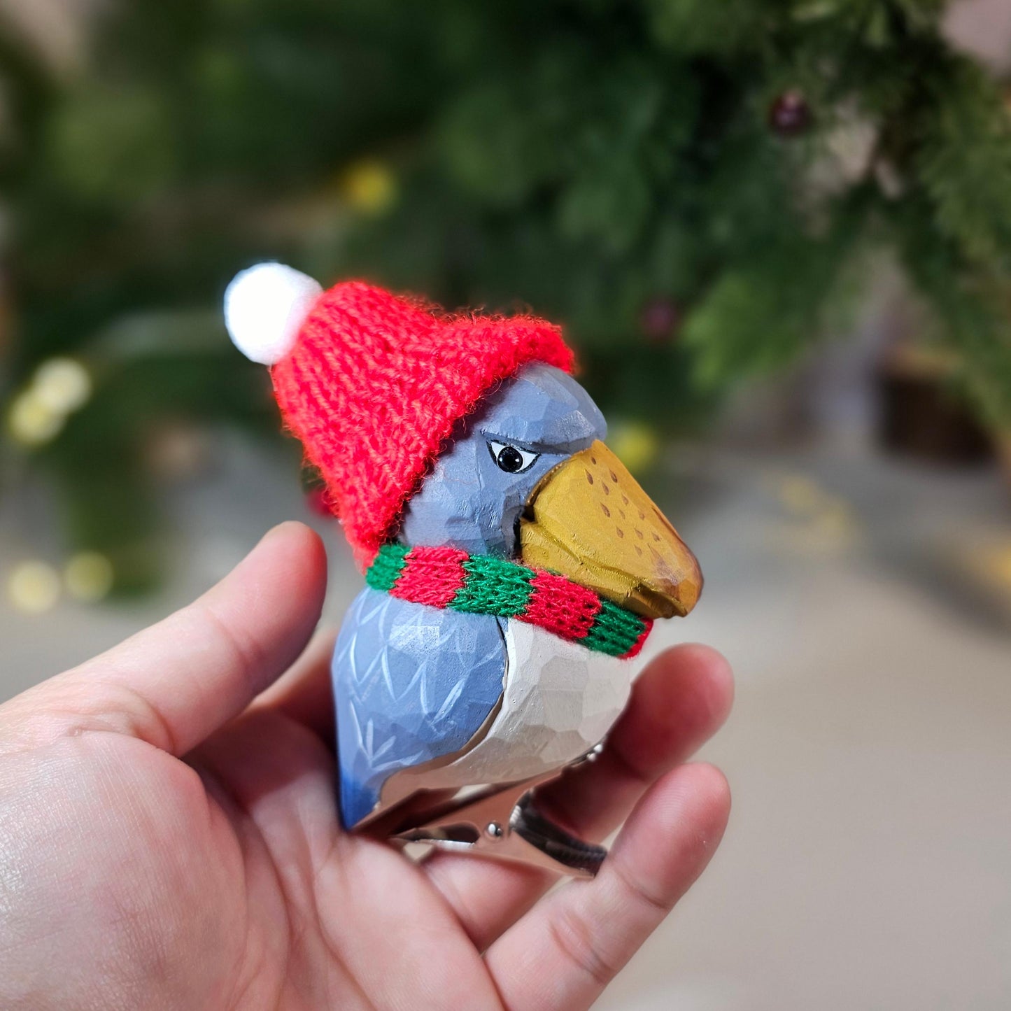 Shoebill Wooden Clip-On Christmas Tree Ornaments – Includes Mini Hat, Scarf & Gift Box