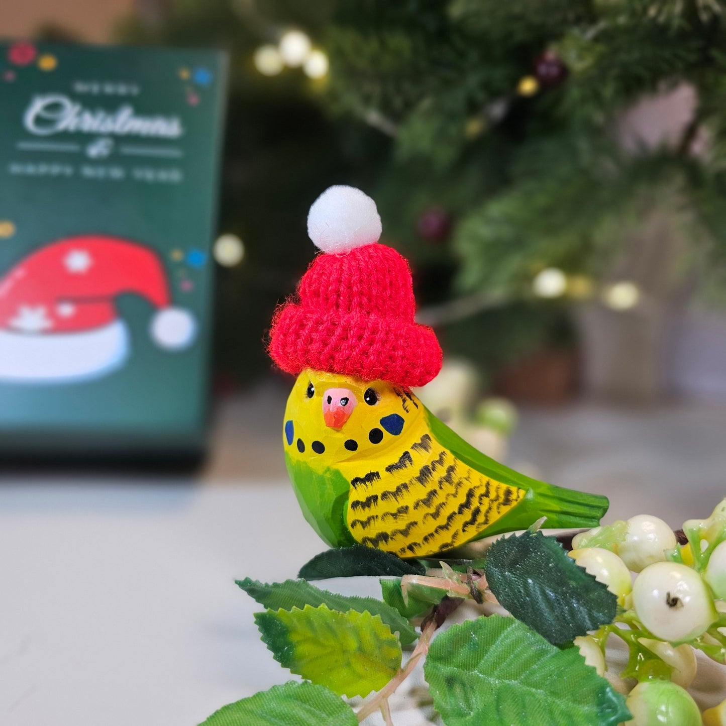 Budgerigar with Mini Hat Hanging Christmas Tree Ornament – Gift Box Included