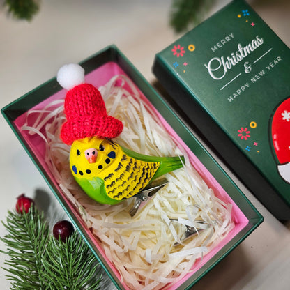 Budgerigar with Mini Hat Hanging Christmas Tree Ornament – Gift Box Included