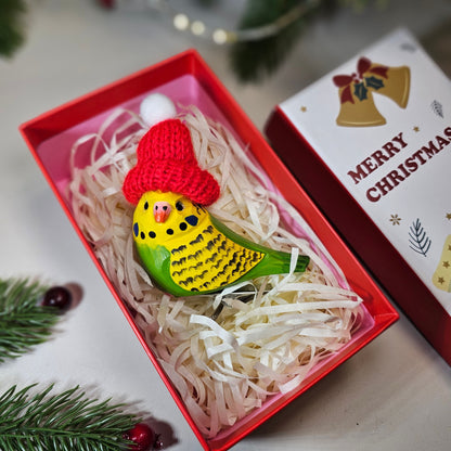 Budgerigar with Mini Hat Hanging Christmas Tree Ornament – Gift Box Included