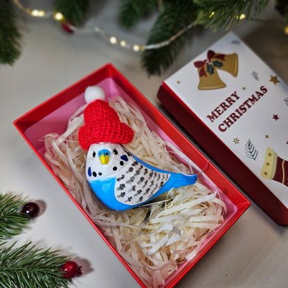 Budgerigar with Mini Hat Hanging Christmas Tree Ornament – Gift Box Included