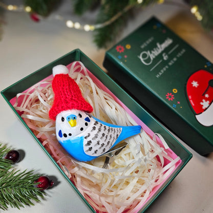 Budgerigar with Mini Hat Hanging Christmas Tree Ornament – Gift Box Included