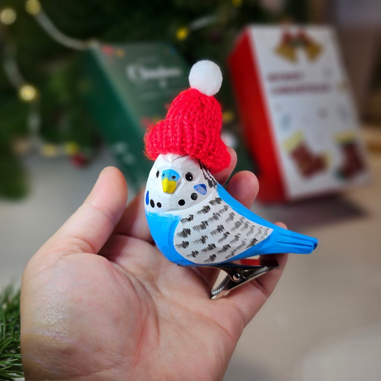 Budgerigar with Mini Hat Hanging Christmas Tree Ornament – Gift Box Included