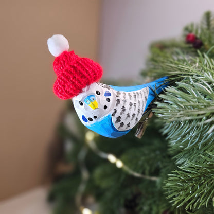 Budgerigar with Mini Hat Hanging Christmas Tree Ornament – Gift Box Included