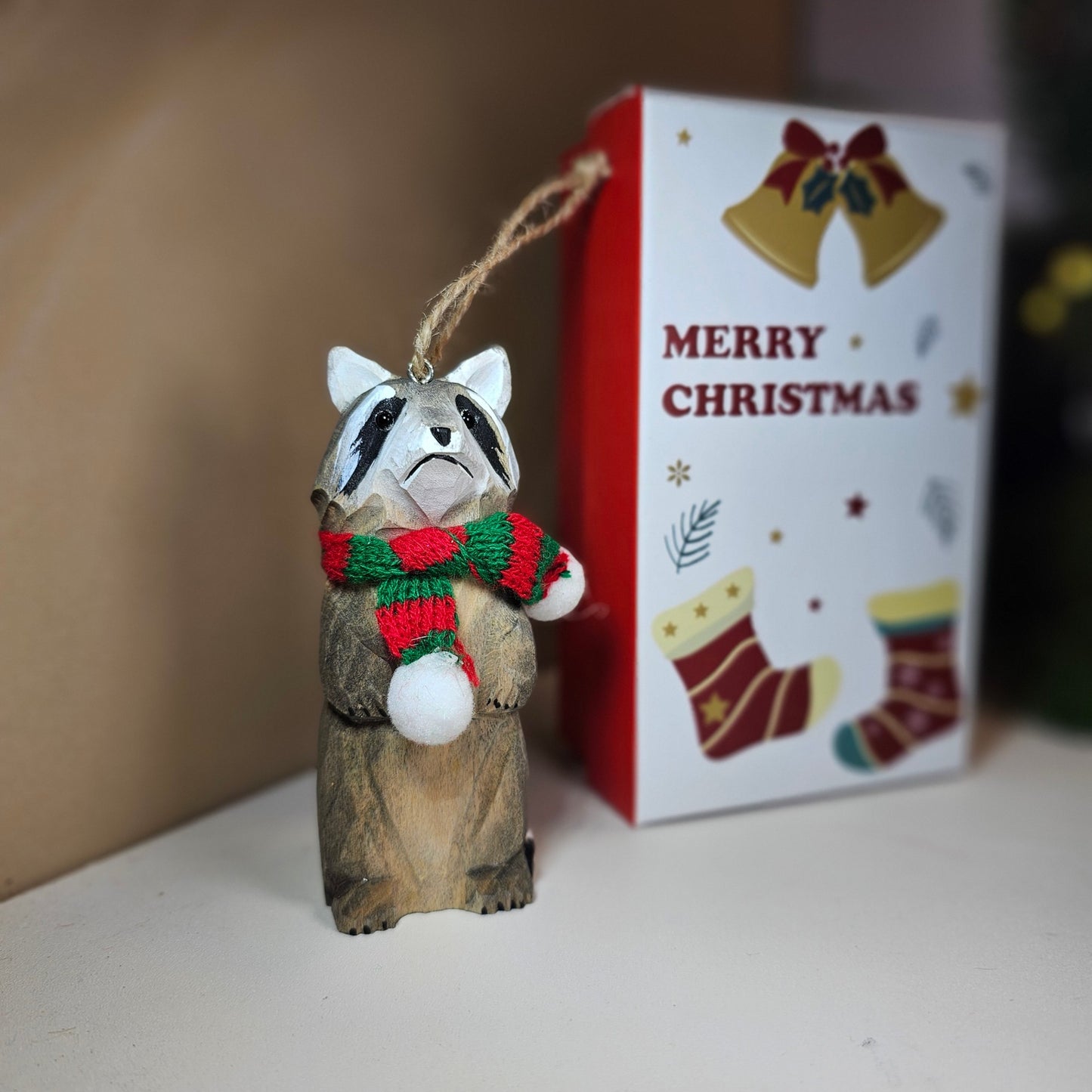 Raccoon with Scarf Hanging Christmas Tree Ornament – Gift Box Included