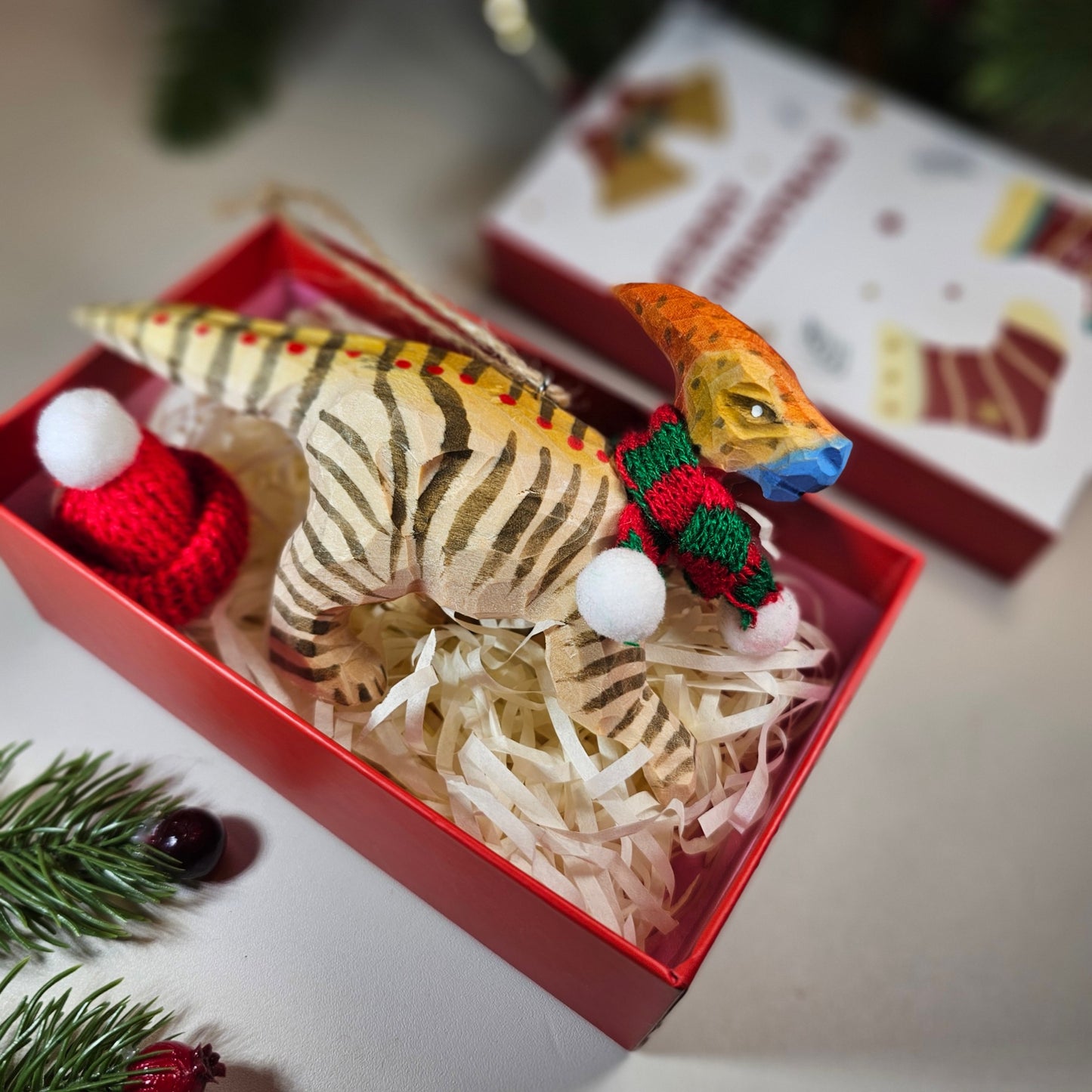 Parasaurolophus with Scarf and Hat Hanging Christmas Tree Ornament – Gift Box Included