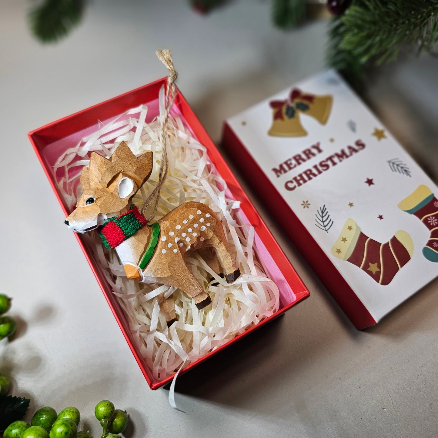 Deer with Scarf Hanging Christmas Tree Ornament – Gift Box Included