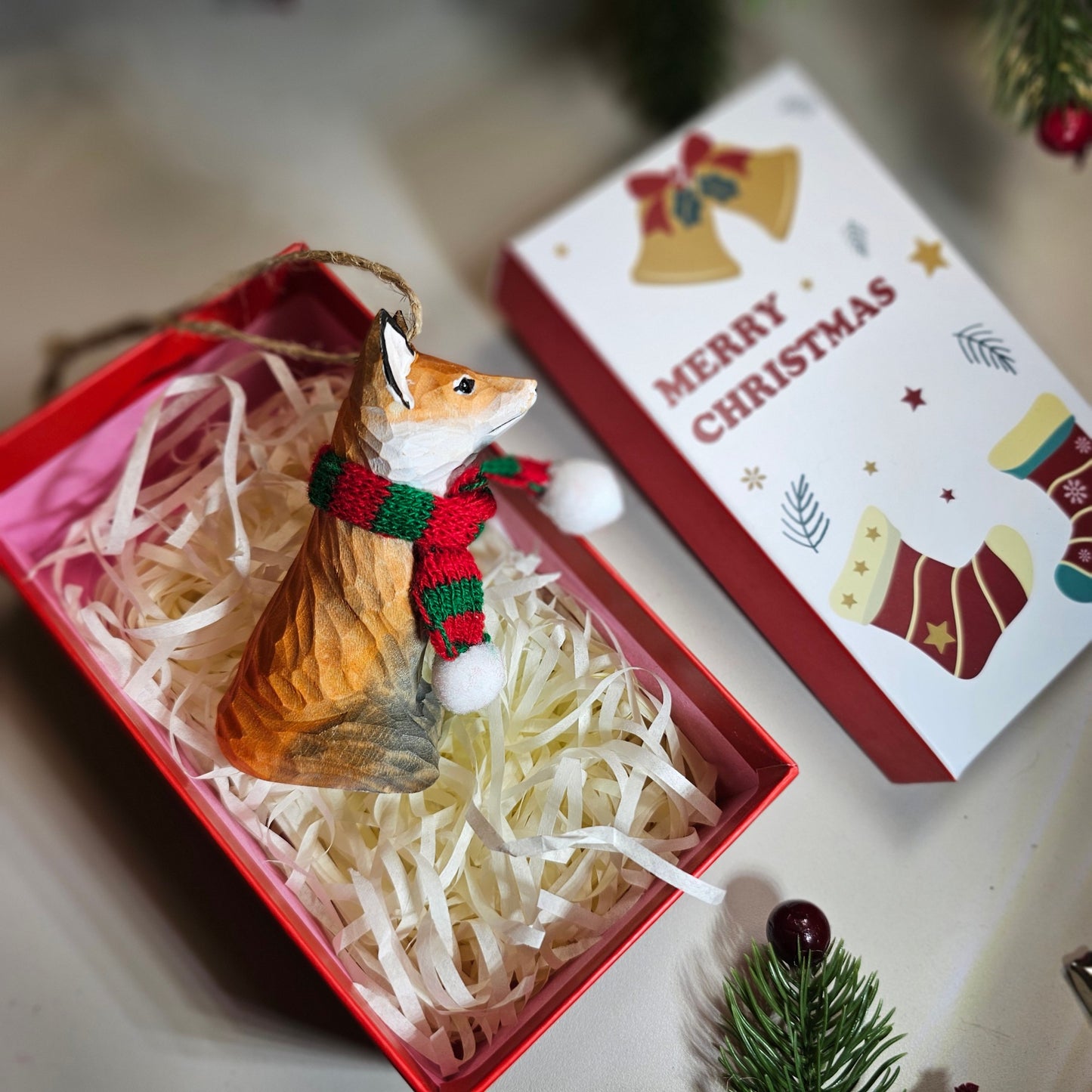 Fox with Scarf Hanging Christmas Tree Ornament – Gift Box Included