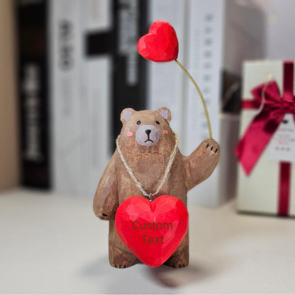 Bear with Heart Necklace Wooden Figurine – Handcrafted Gift with Gift Box