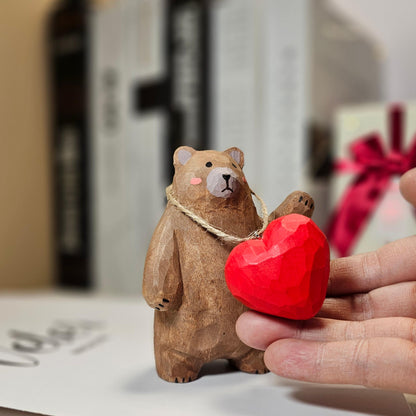 Bear with Heart Necklace Wooden Figurine – Handcrafted Gift with Gift Box