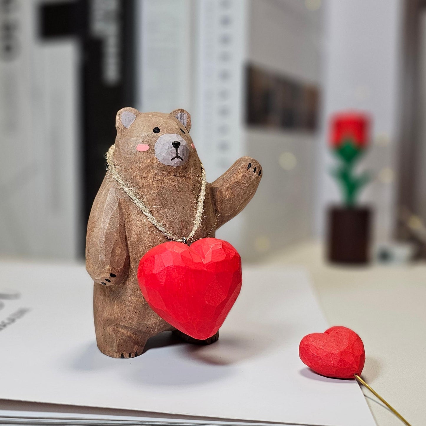 Bear with Heart Necklace Wooden Figurine – Handcrafted Gift with Gift Box