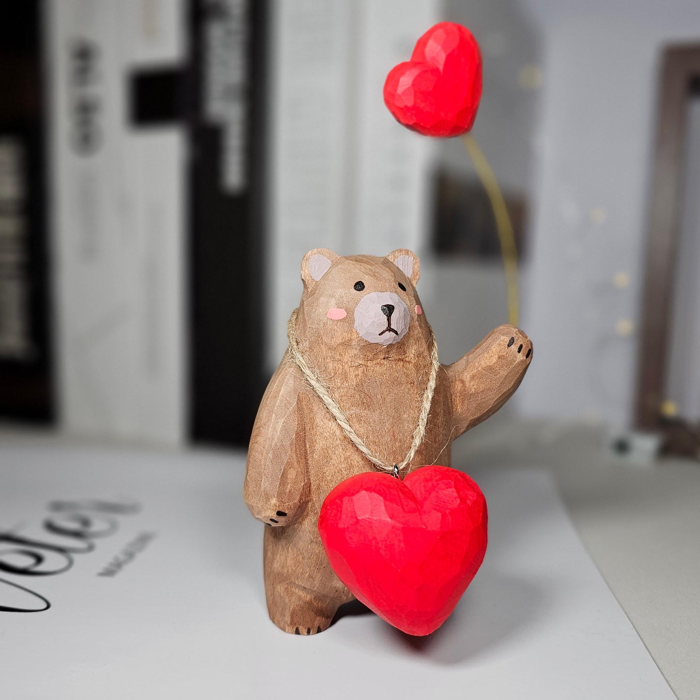 Bear with Heart Necklace Wooden Figurine – Handcrafted Gift with Gift Box