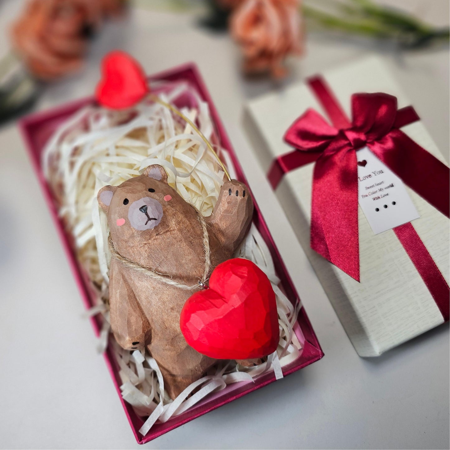 Bear with Heart Necklace Wooden Figurine – Handcrafted Gift with Gift Box