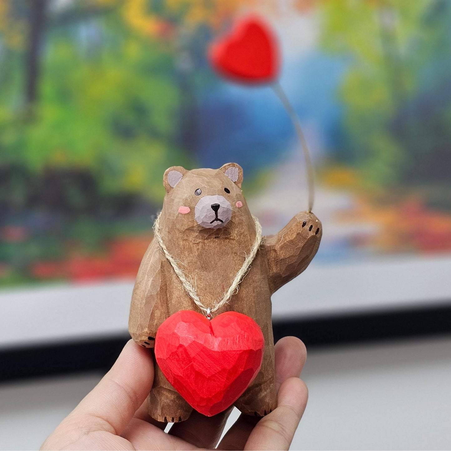 Bear with Heart Necklace Wooden Figurine – Handcrafted Gift with Gift Box