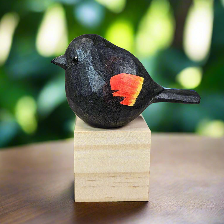 Handcrafted Red-Winged Blackbird Figurine – Hand Carved & Painted Wooden Bird Sculpture