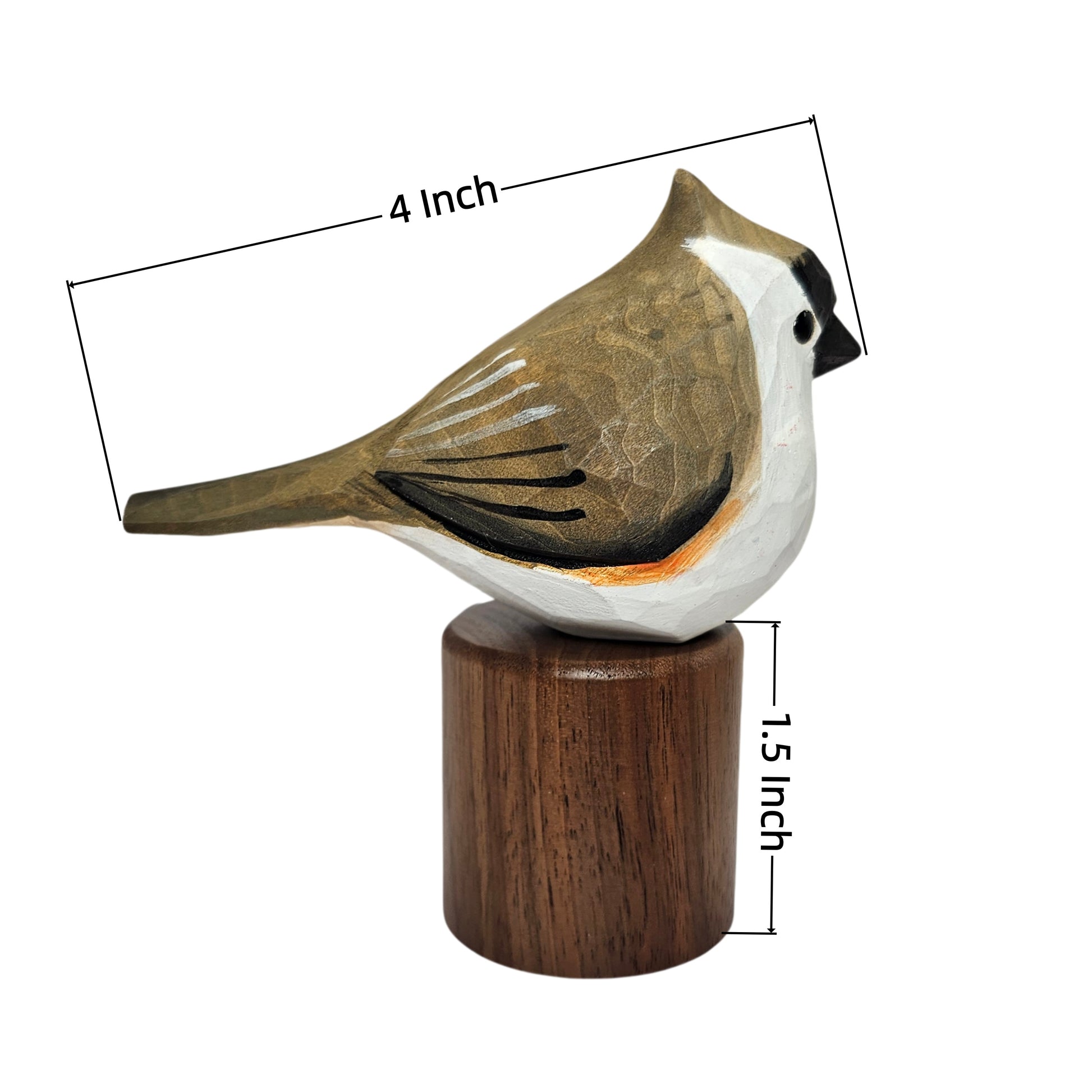 A carved Tufted Titmouse figurine with a brown, white, and black painted finish sits on a dark wooden base. Black dimension lines indicate a length of 4 inches and a height of 15 inches, set against a plain white background.