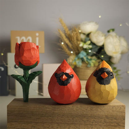 Cardinal Couple Figurine with Wooden Rose