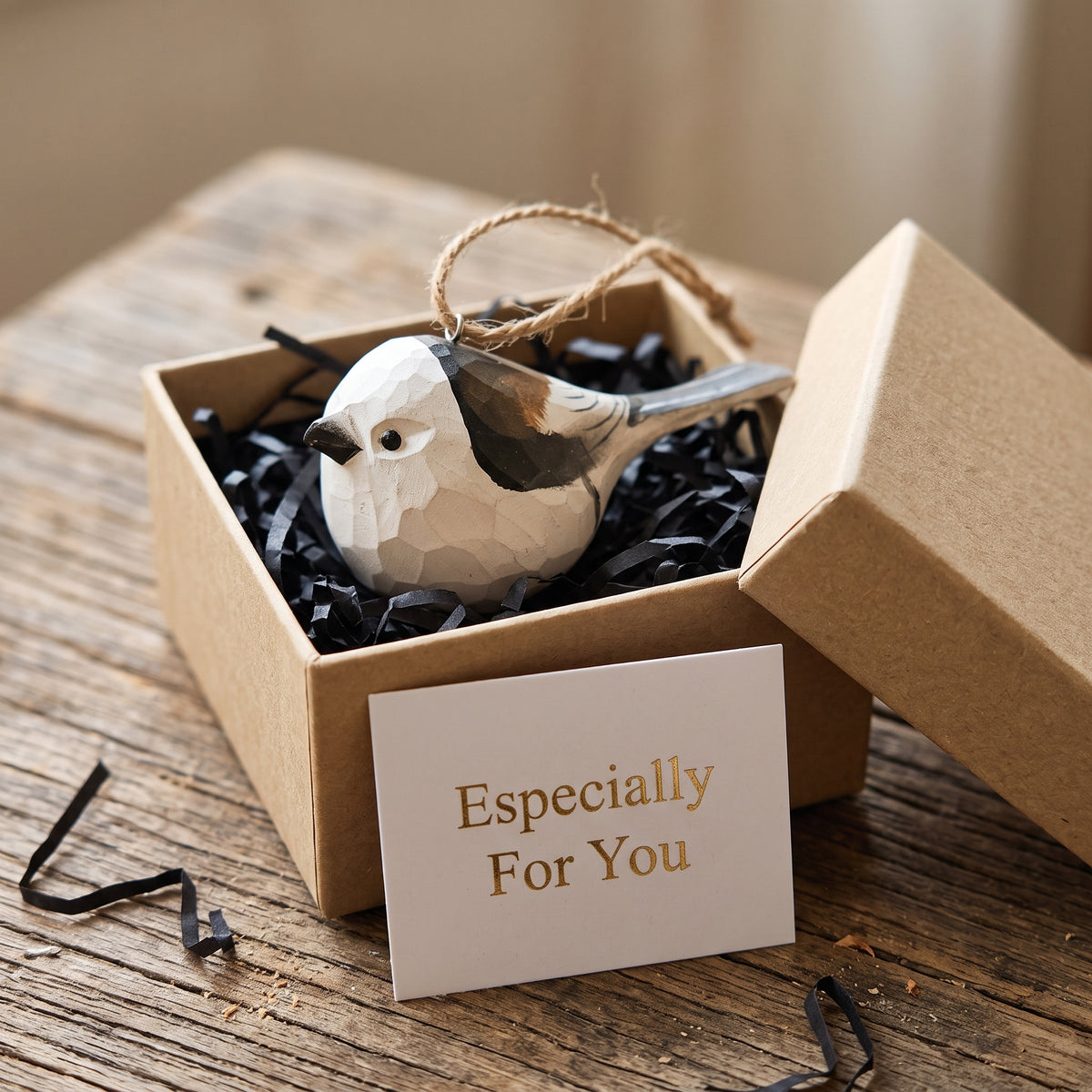 A small geometric Long-tailed tit ornament in white, gray, and black sits in a brown gift box filled with black shredded paper, with a card reading 'Especially For You' in gold text on the front.