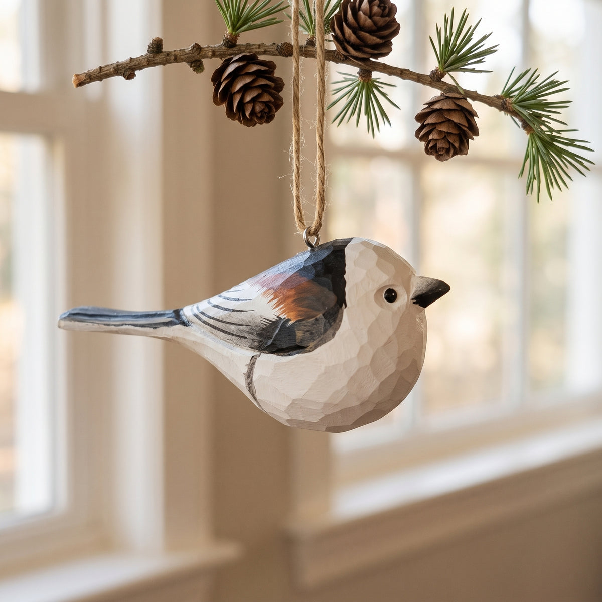 A handcrafted wooden Long-tailed tit ornament, shaped like a chickadee with a faceted geometric finish, hanging from a pine branch with pinecones in front of a softly blurred window.