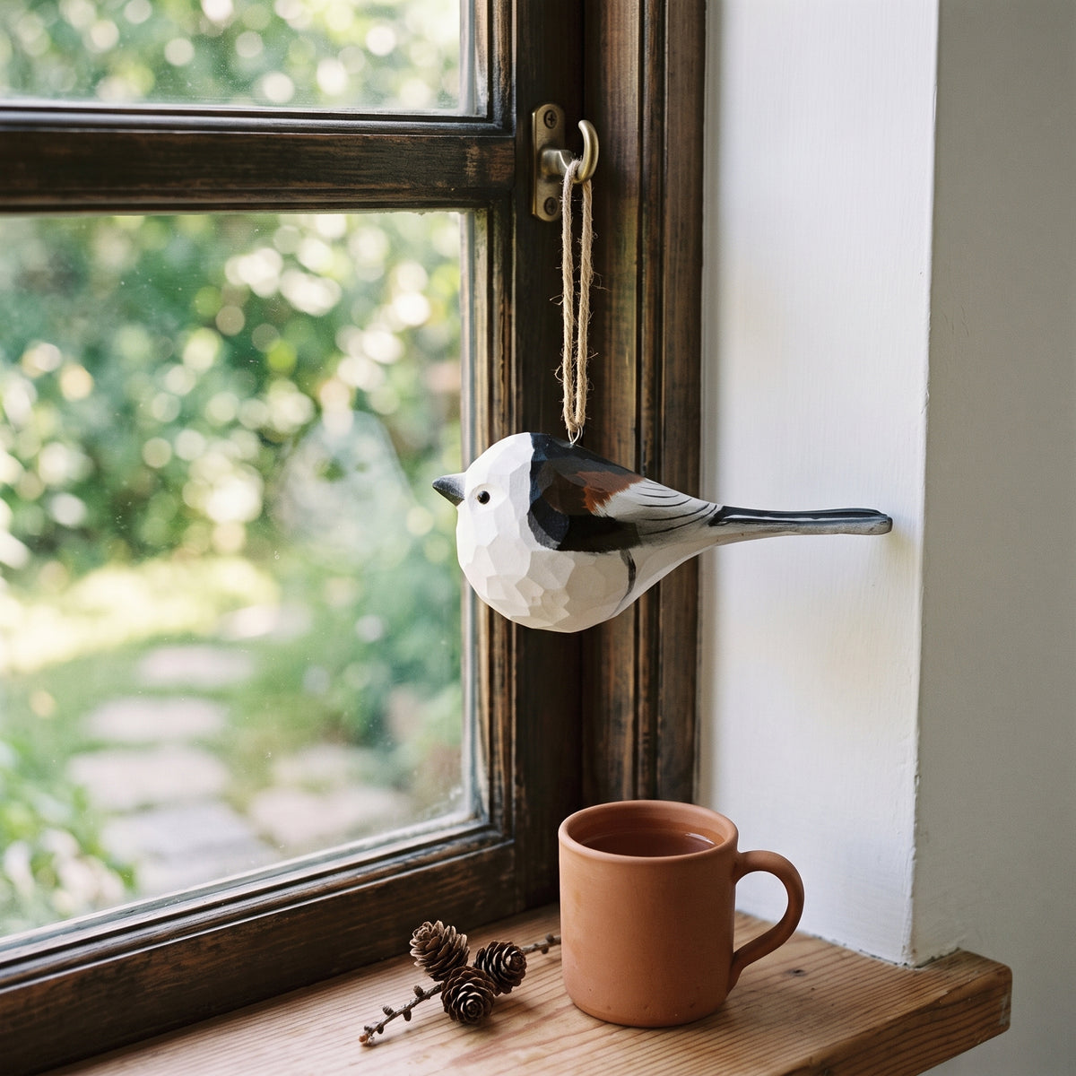 A carved Long-tailed tit-shaped wall hanging with a natural fiber loop hangs on a dark wood window frame next to a terracotta mug on a wooden windowsill.