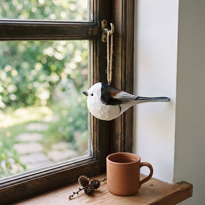 A carved Long-tailed tit-shaped wall hanging with a natural fiber loop hangs on a dark wood window frame next to a terracotta mug on a wooden windowsill.
