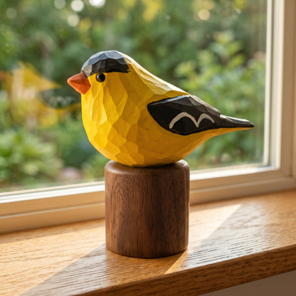 Yellow American Goldfinch figurine on a wooden base in front of a window with greenery outside