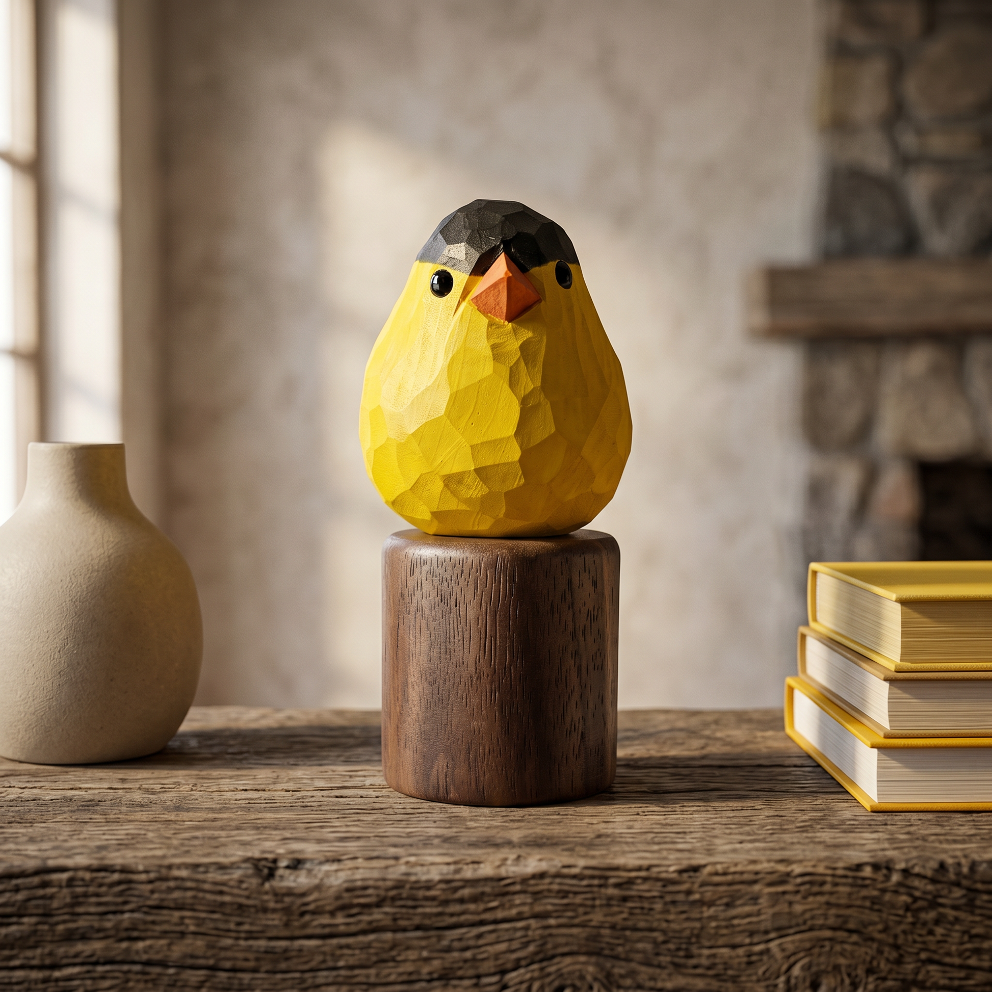 Yellow American Goldfinch-shaped object on a wooden stand in a room with books and a vase.