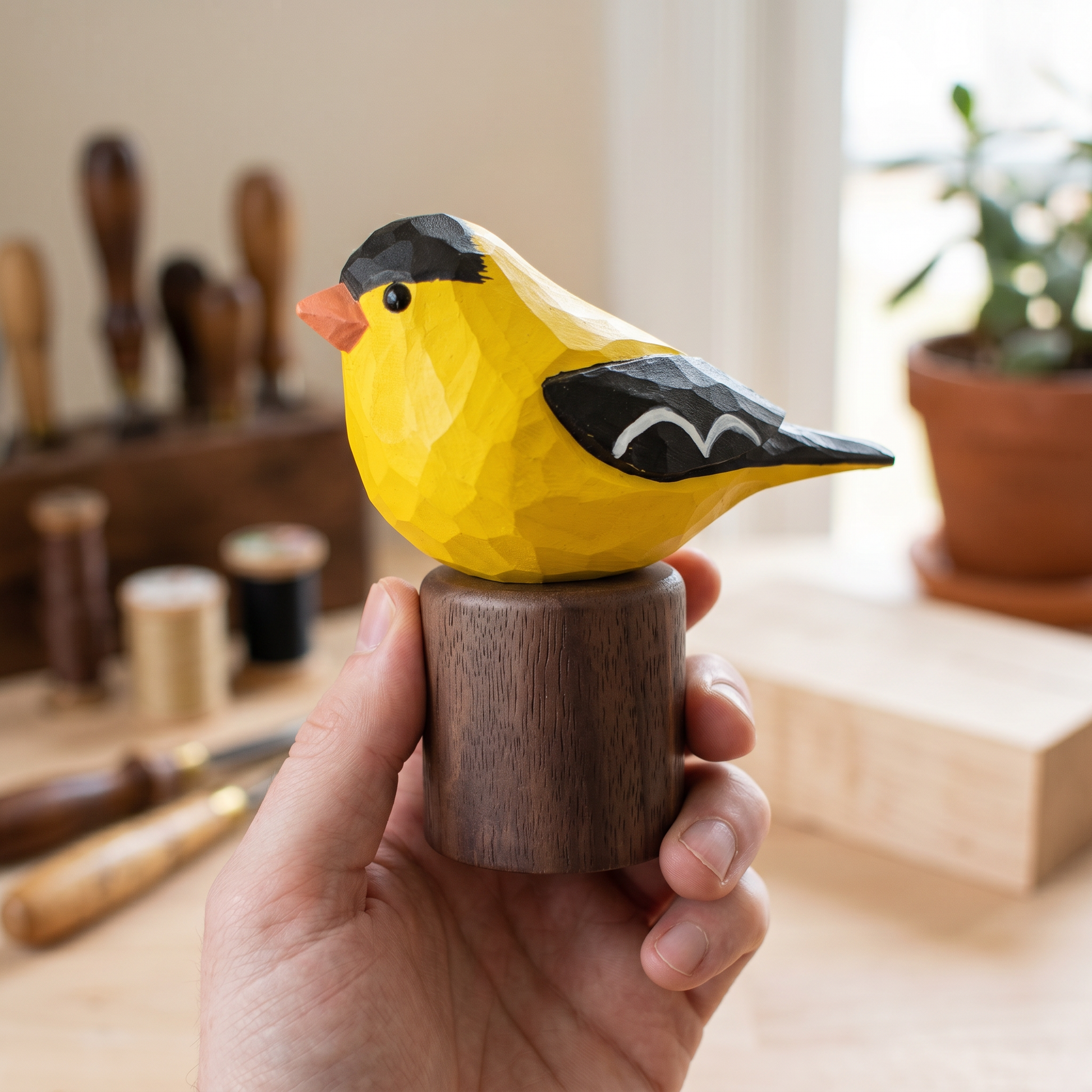 Hand holding a wooden American Goldfinch figurine with a blurred workshop background