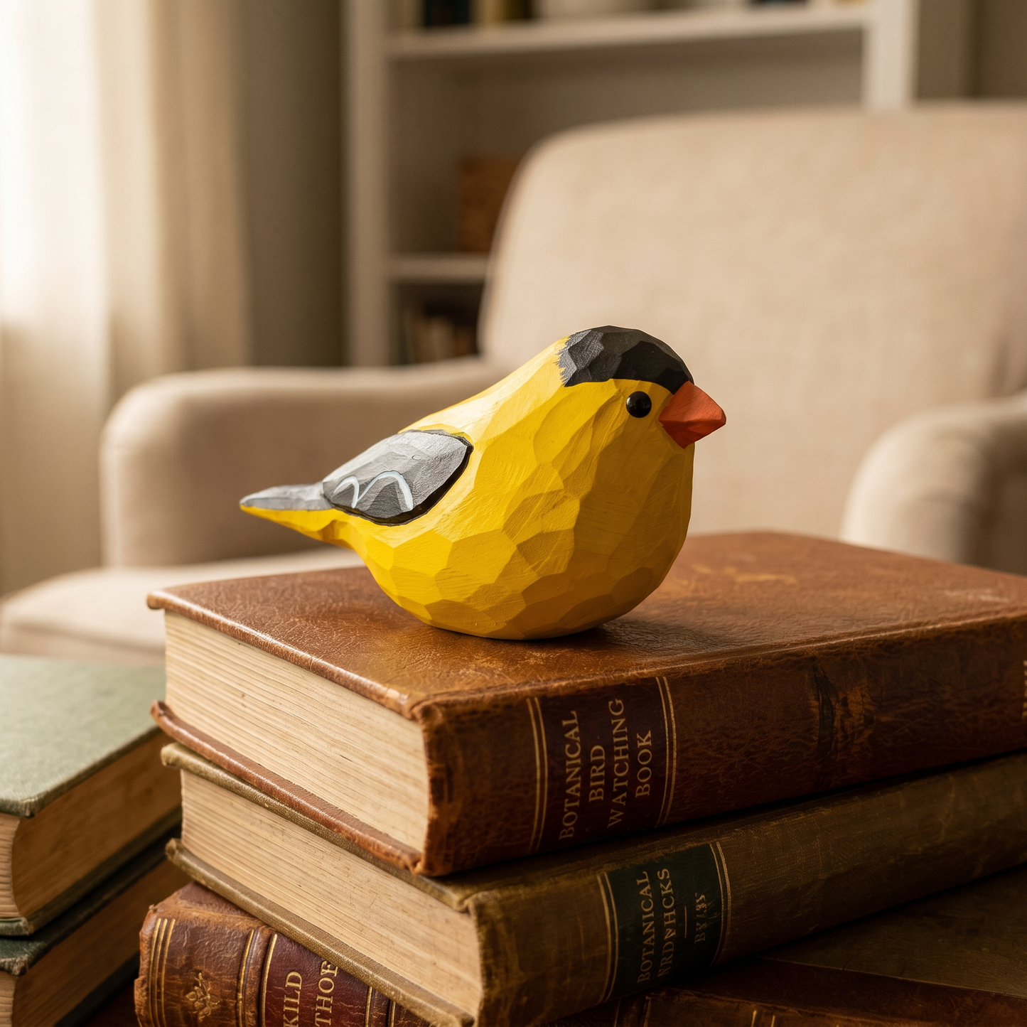 Yellow American Goldfinch-shaped object on a stack of books with a blurred background