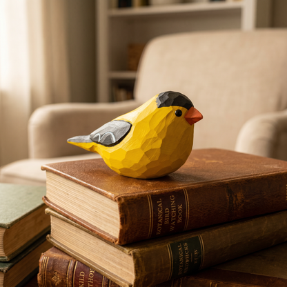 Yellow American Goldfinch-shaped object on a stack of books with a blurred background