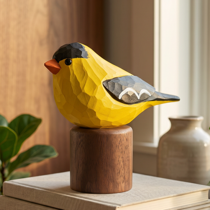 Yellow American Goldfinch figurine on a stack of books with a warm indoor setting