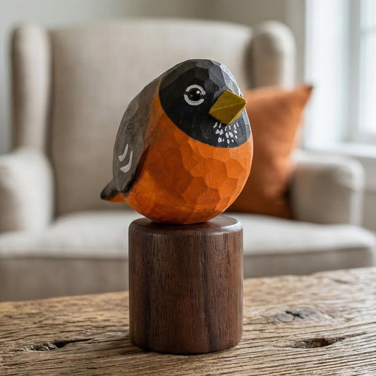 A hand-carved wooden American Robin sculpture with a bright orange body, dark gray head and wings, and a yellow beak, perched on a round dark wood pedestal. The sculpture is placed on a rustic wooden table with a blurred living room background featuring a beige armchair and an orange pillow.