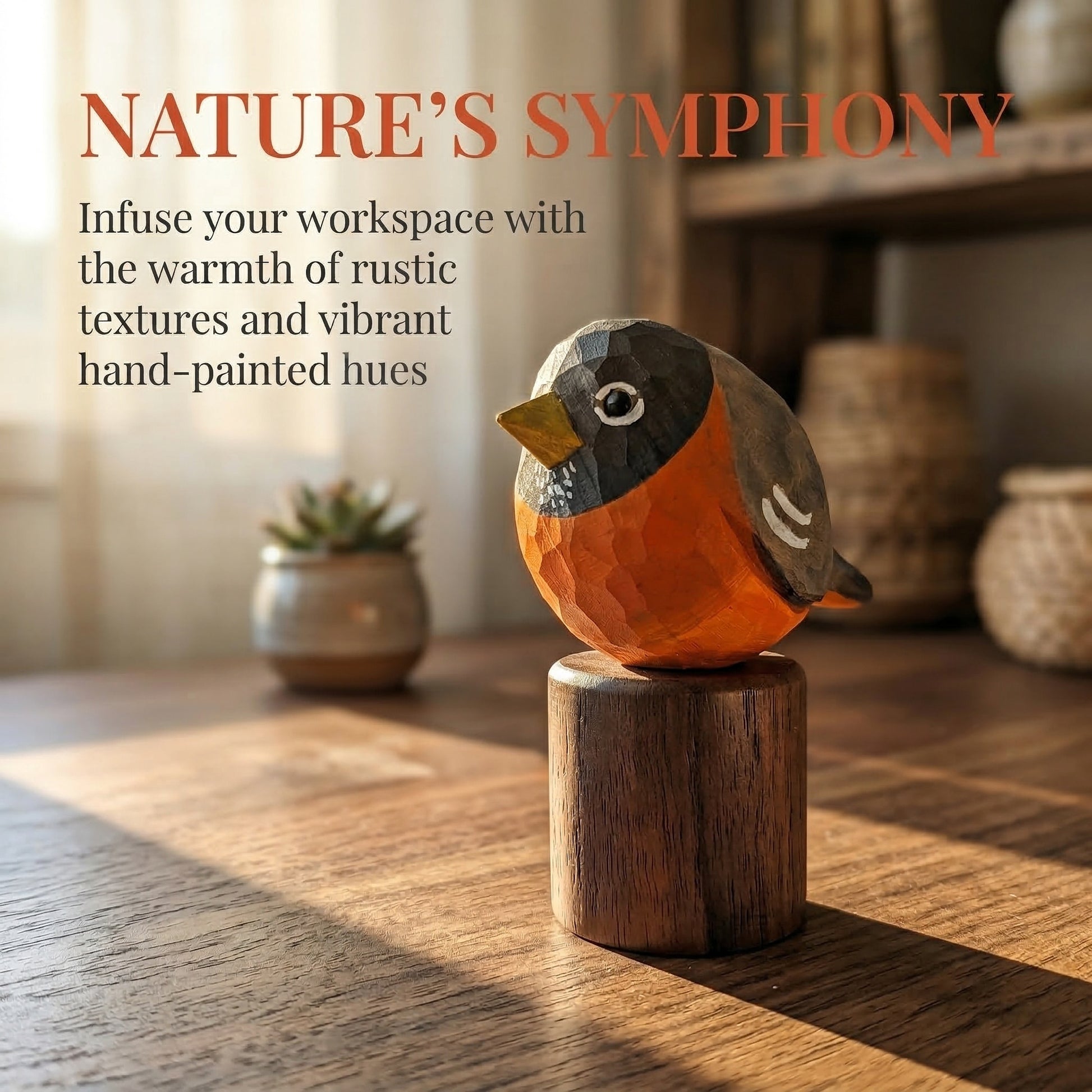 A handcrafted American Robin figurine with a faceted orange, gray, and black body mounted on a round wooden base, displayed on a wooden tabletop in a warm, softly blurred interior setting. Text at the top reads “NATURE’S SYMPHONY” with descriptive copy below.