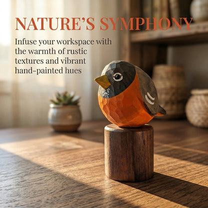 A handcrafted American Robin figurine with a faceted orange, gray, and black body mounted on a round wooden base, displayed on a wooden tabletop in a warm, softly blurred interior setting. Text at the top reads “NATURE’S SYMPHONY” with descriptive copy below.