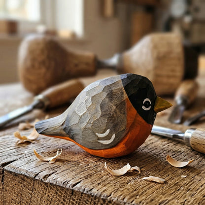 A hand-carved wooden American Robin figurine with a black head, gray patterned back, and orange belly, resting on a rustic wooden workbench with carving tools and wood shavings in the background.