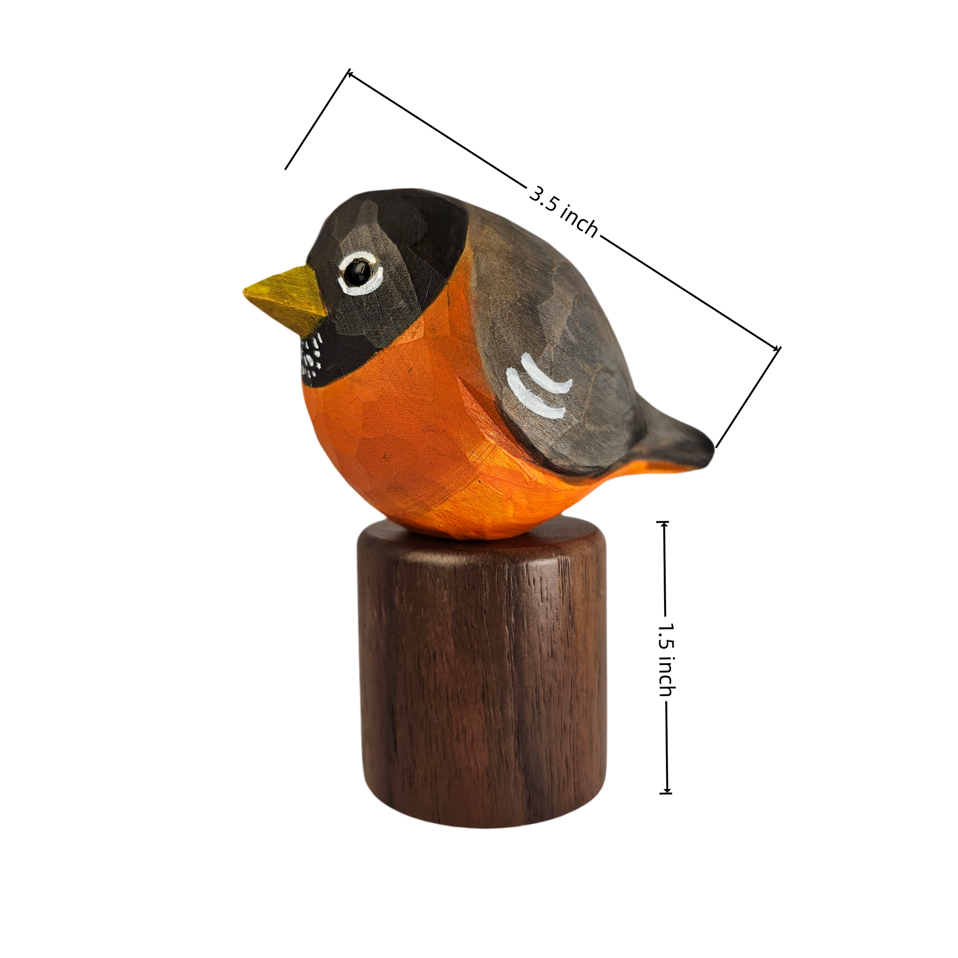 A carved wooden American Robin figurine with an orange chest, dark gray back, yellow beak, and white eye details, mounted on a dark brown cylindrical base. Black dimension lines with text indicate a length of 3.