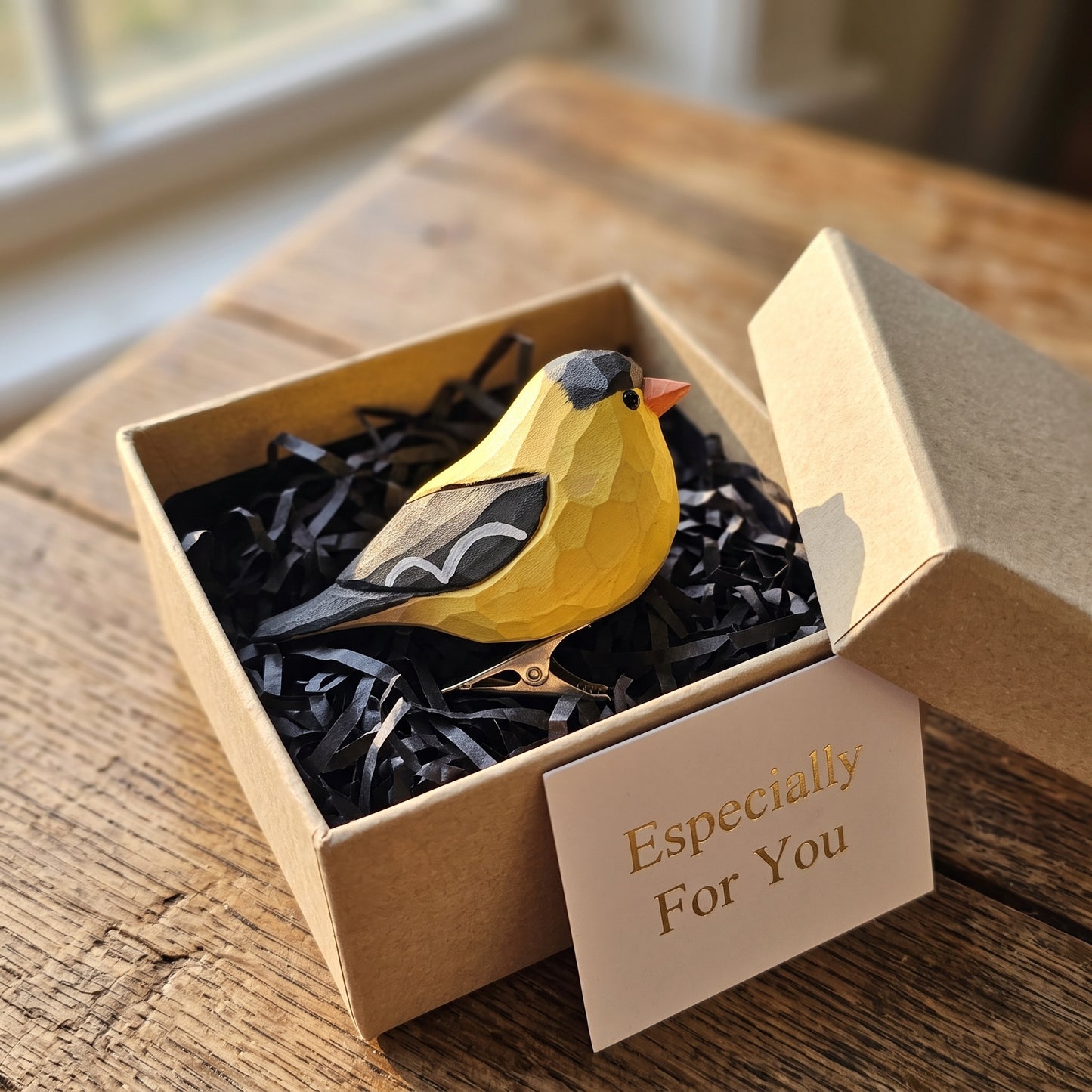 Hand-Carved American Goldfinch Clip-On Bird Ornament | Basswood | 4" Handmade Wood Sculpture