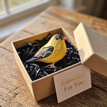 Hand-Carved American Goldfinch Clip-On Bird Ornament | Basswood | 4" Handmade Wood Sculpture