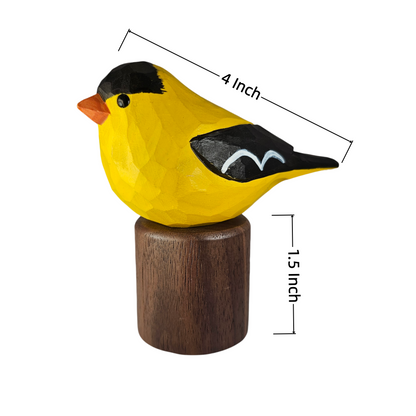 Hand-Carved American Goldfinch Figurine | Painted Basswood Bird with Black Walnut Base