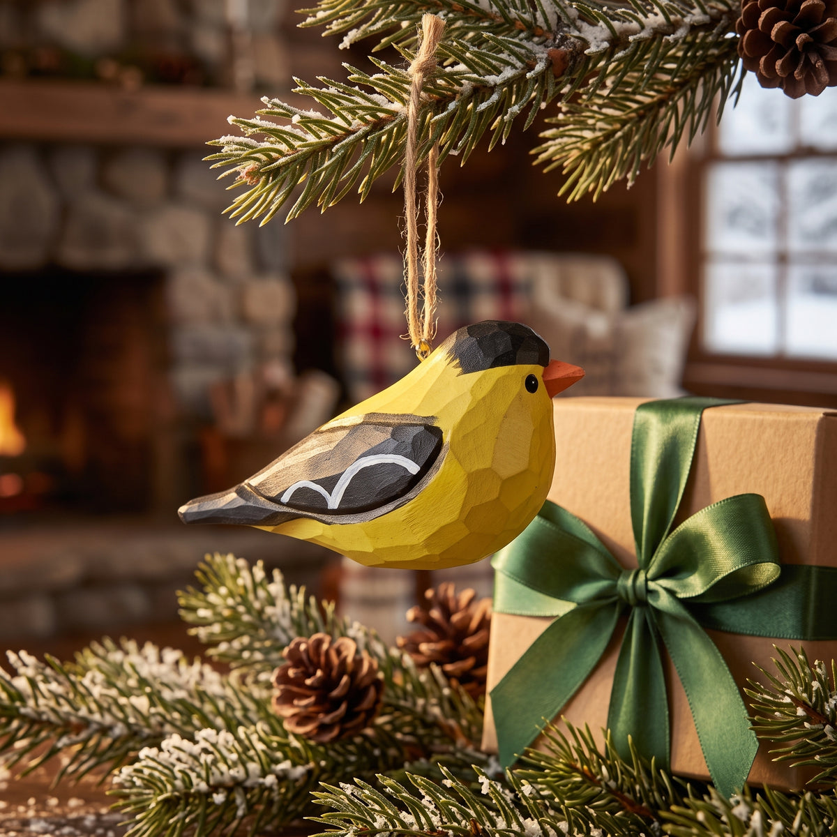 Hand-carved wooden American Goldfinch ornament hanging near a pine branch and green ribboned gift box
