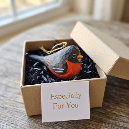 Hand-carved wooden American Robin ornament in a gift box with an "Especially For You" card.