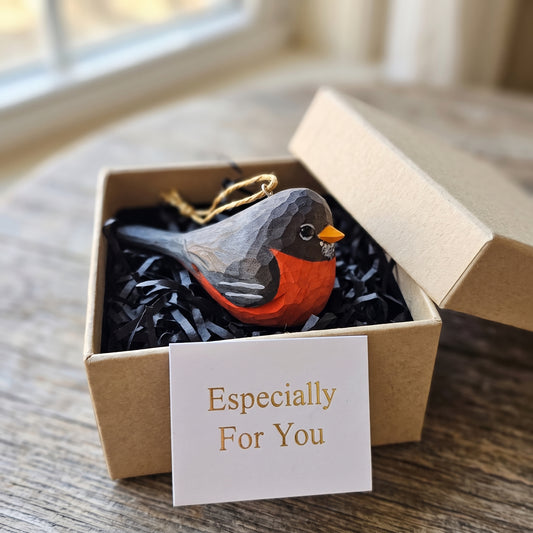 Hand-carved wooden American Robin ornament in a gift box with an "Especially For You" card.