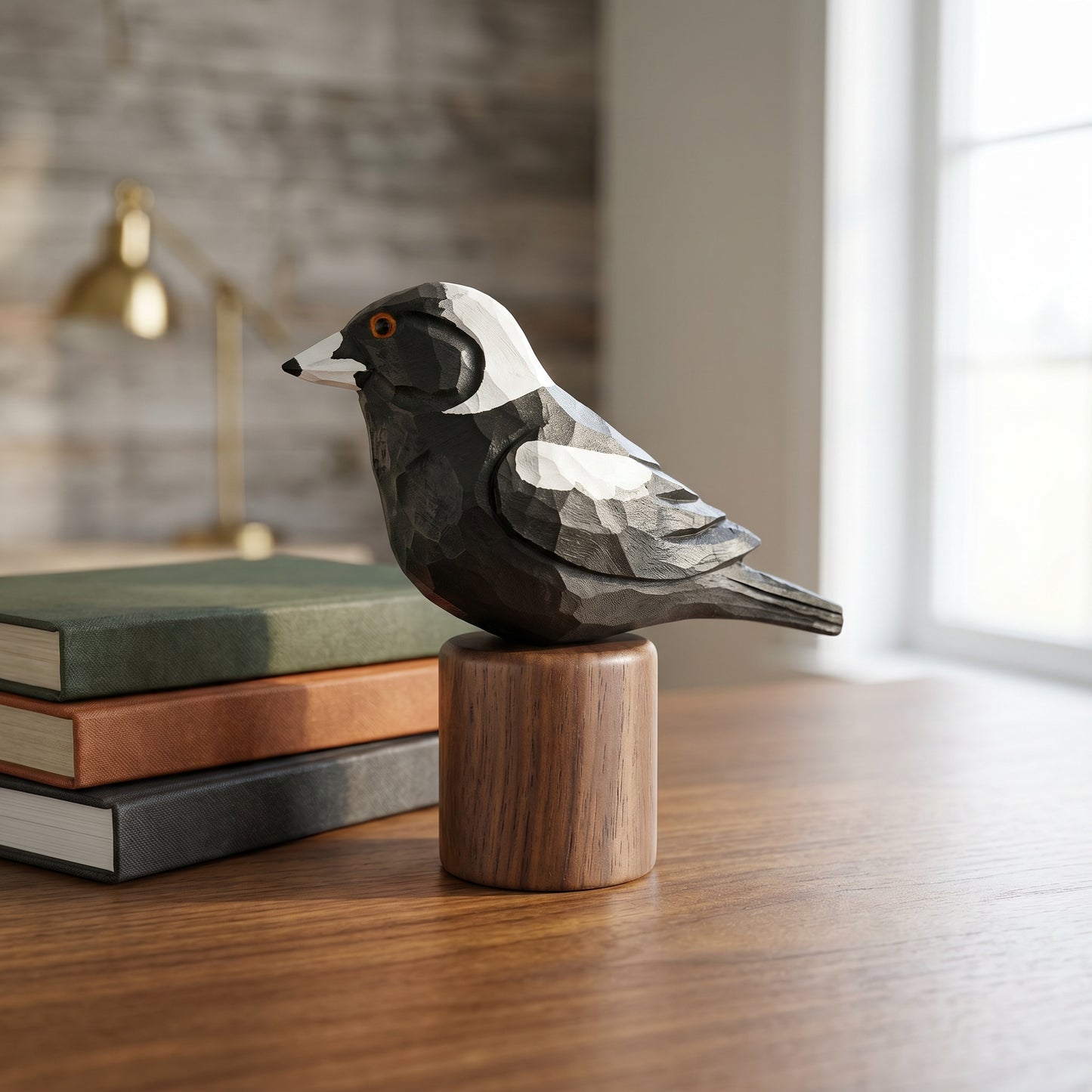 A geometric, faceted Australian Magpie sculpture in black, white, and gray sits on a round wooden base on a wooden table, with stacked books and a softly blurred indoor background.