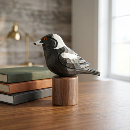 A geometric, faceted Australian Magpie sculpture in black, white, and gray sits on a round wooden base on a wooden table, with stacked books and a softly blurred indoor background.