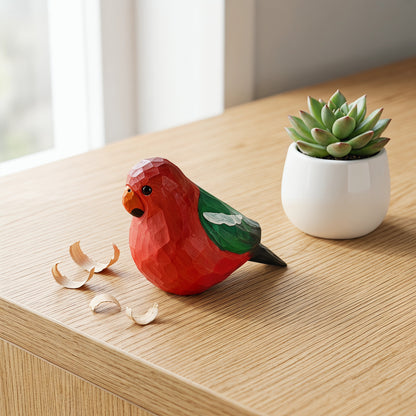 A small carved wooden Australian King Parrot figurine in red, green, and black sits on a light wood tabletop beside a white planter with a succulent. A few curled wood shavings are scattered near the bird.