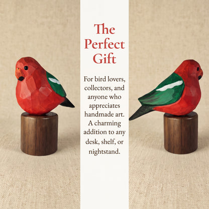 Hand-carved wooden Australian King Parrot figurines on Black Walnut bases framed around graphic text reading "The Perfect Gift"
