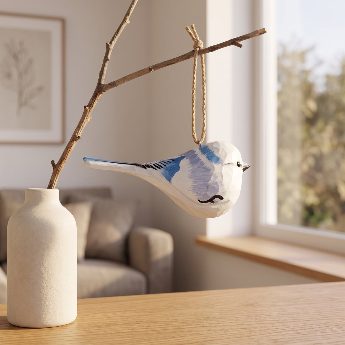 Azure Tit Wooden Hanging Ornament | Hand-Carved Basswood