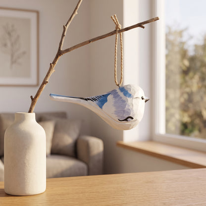 Azure Tit Wooden Hanging Ornament | Hand-Carved Basswood